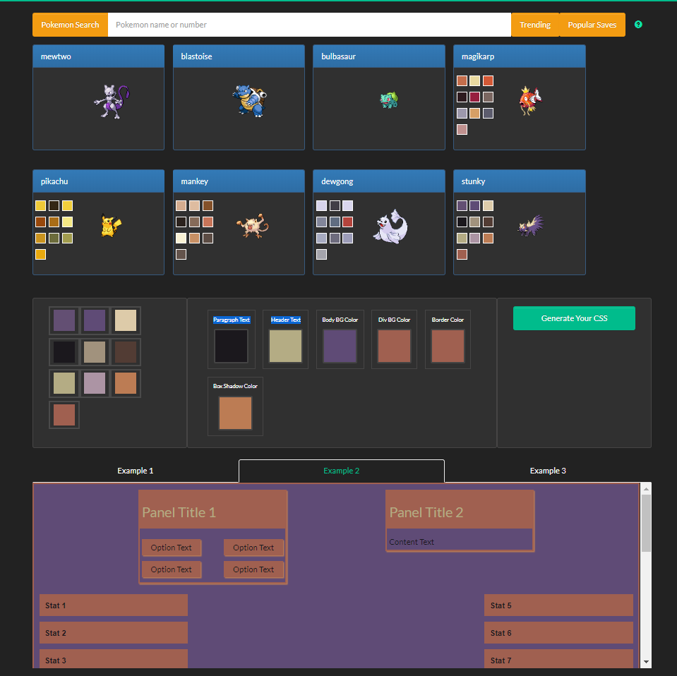 CSS Color Palette Generator based on Pokemon API designs.